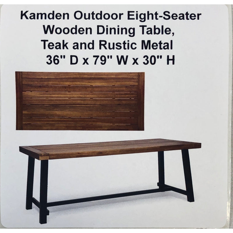 Kamden Outdoor Eight-Seater Wooden Dining Table, Teak and Rustic Metal