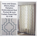 Ivory/Green, Sherry Kline Hampton Embroidered Rod Pocket Curtain Pair 52 X 96
