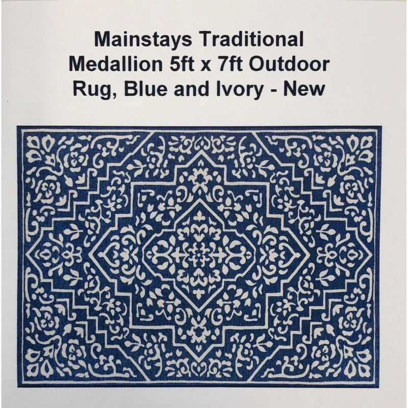 Mainstays Traditional Medallion 5ft x 7ft Outdoor Rug, Blue and Ivory