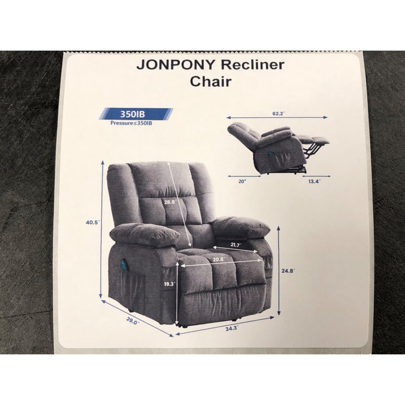 JONPONY Recliner Chair with Heat and Massage, Side Pocket, USB Charge Port, Grey