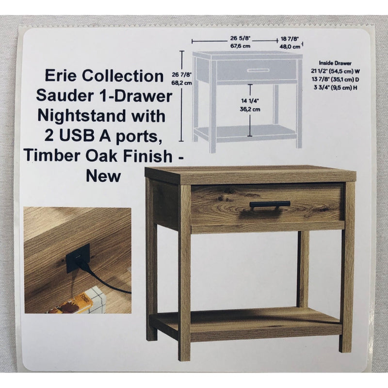 Erie Collection Sauder 1-Drawer Nightstand with 2 USB A ports, Timber Oak Finish