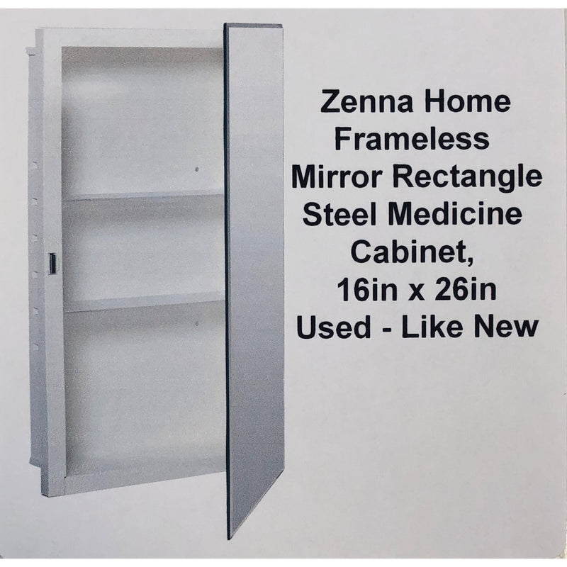 Zenna Home Frameless Mirror Rectangle Steel Medicine Cabinet, 16in x 26in