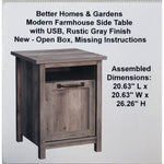 Better Homes & Gardens Modern Farmhouse Side Table with USB, Rustic Gray Finish