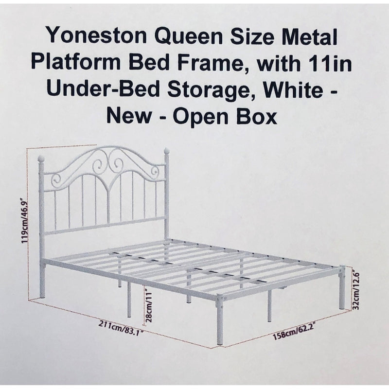 Yoneston Queen Size Metal Platform Bed Frame, with 11in Under-Bed Storage, White