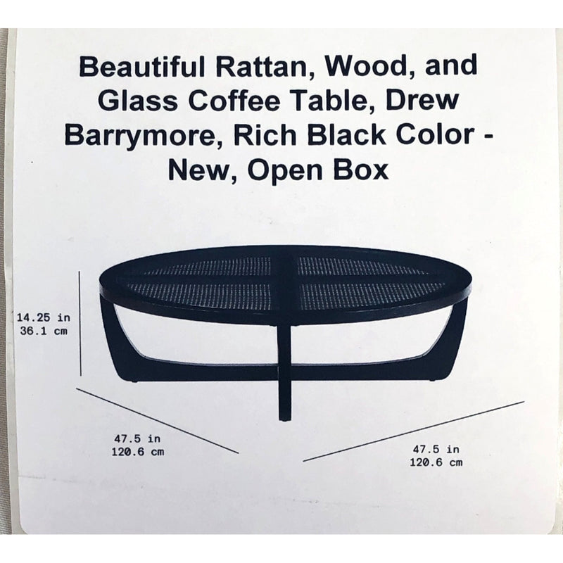 Beautiful Rattan, Wood, and Glass Coffee Table, Drew Barrymore, Rich Black Color