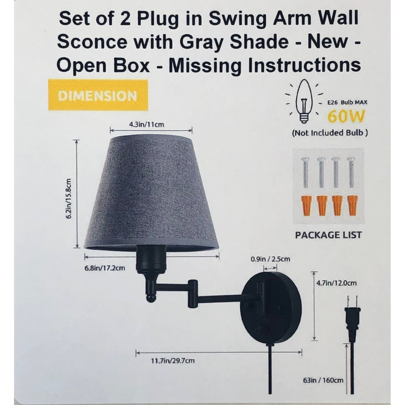 Set of 2 Plug in Swing Arm Wall Sconce with Gray Shade