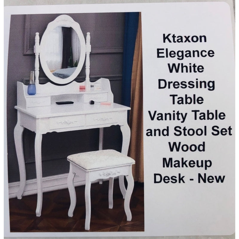 Ktaxon Elegance White Dressing Table Vanity Table and Stool Set Wood Makeup Desk