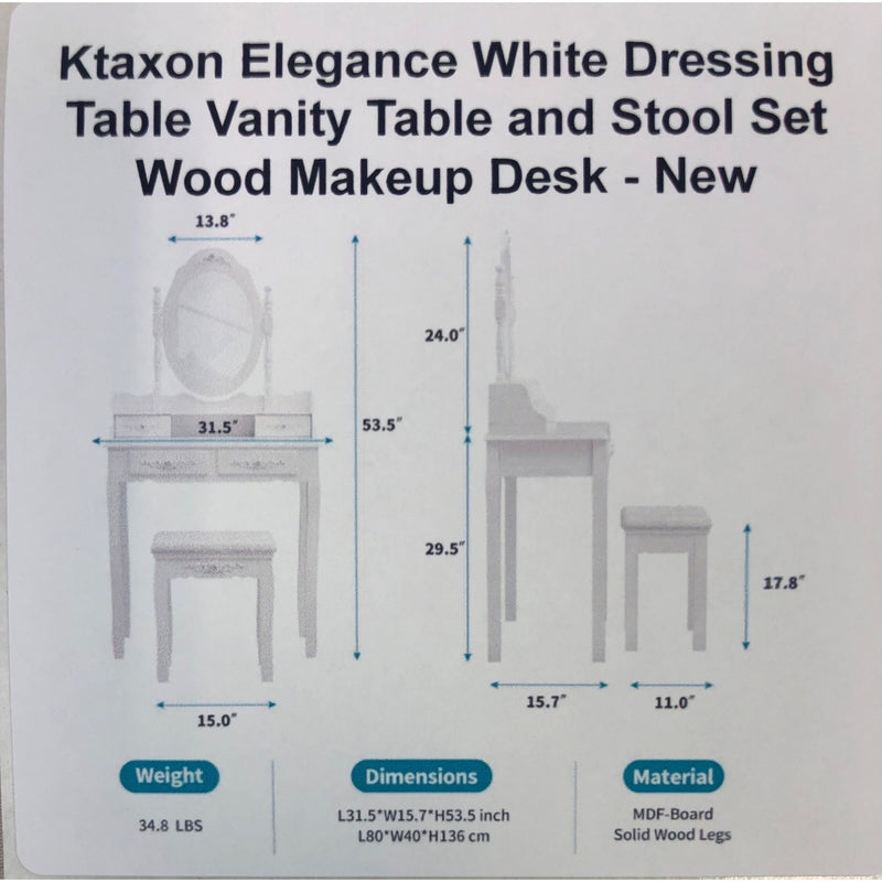 Ktaxon Elegance White Dressing Table Vanity Table and Stool Set Wood Makeup Desk