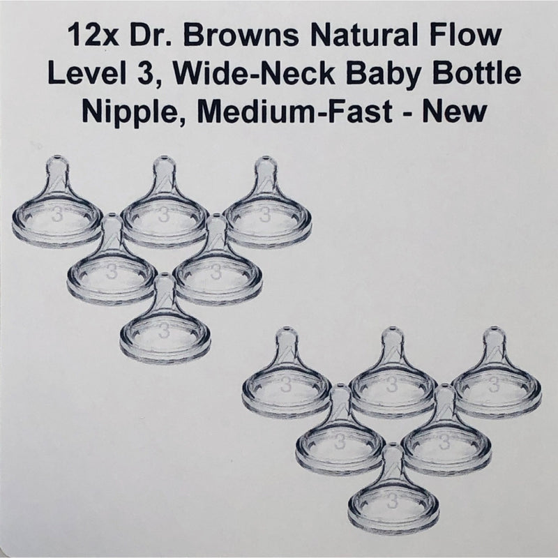 12x Dr. Browns Natural Flow Level 3, Wide-Neck Baby Bottle Nipple, Medium-Fast