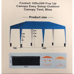 Fenbeli 10ftx20ft Pop Up Canopy Easy Setup Outdoor Canopy Tent, Blue