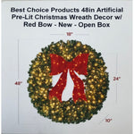 Best Choice Products 48in Artificial Pre-Lit Christmas Wreath Decor w/ Red Bow