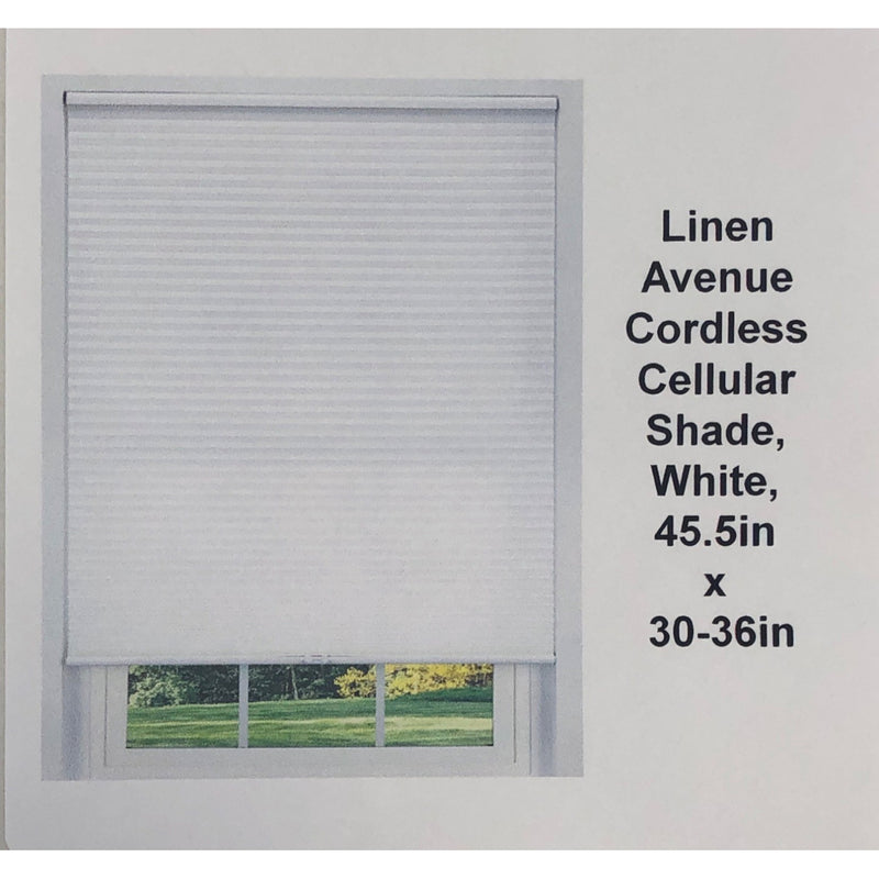 Linen Avenue Cordless Cellular Shade, White, 45.5in x 30-36in