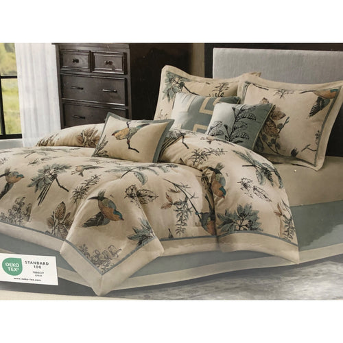 Cal King, Madison Park Pierce Printed Bird Pattern 7 piece Comforter Set