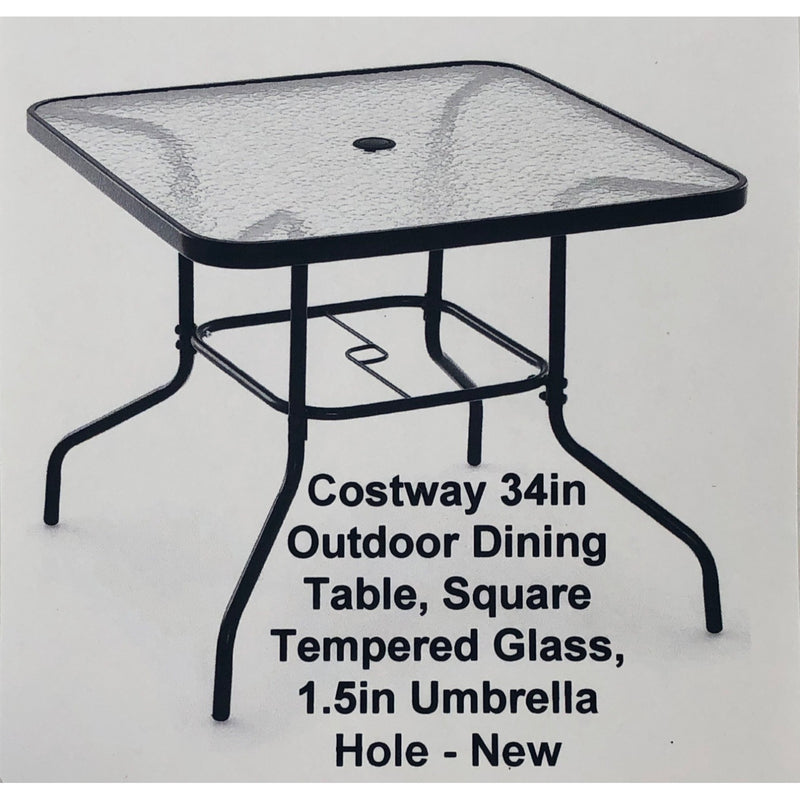 Costway 34in Outdoor Dining Table, Square Tempered Glass, 1.5in Umbrella Hole