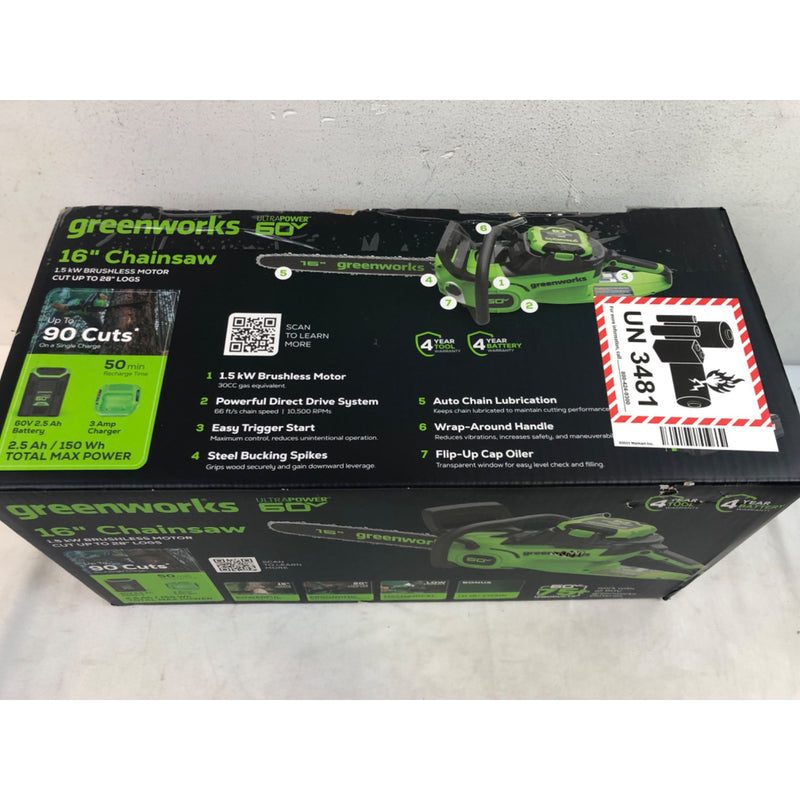 Greenworks 60V 16in 1.5kW Brushless Chainsaw with 2.5 Ah Battery/Charger 2028602