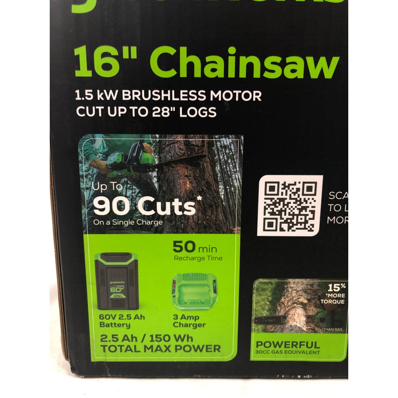 Greenworks 60V 16in 1.5kW Brushless Chainsaw with 2.5 Ah Battery/Charger 2028602