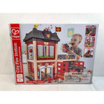 Hape City Red Fire Station Dollhouse Wood Playset, 13 Pieces, Light & Sound