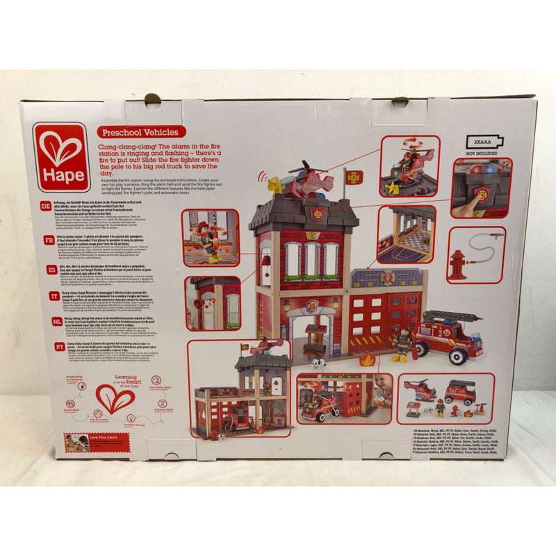 Hape City Red Fire Station Dollhouse Wood Playset, 13 Pieces, Light & Sound