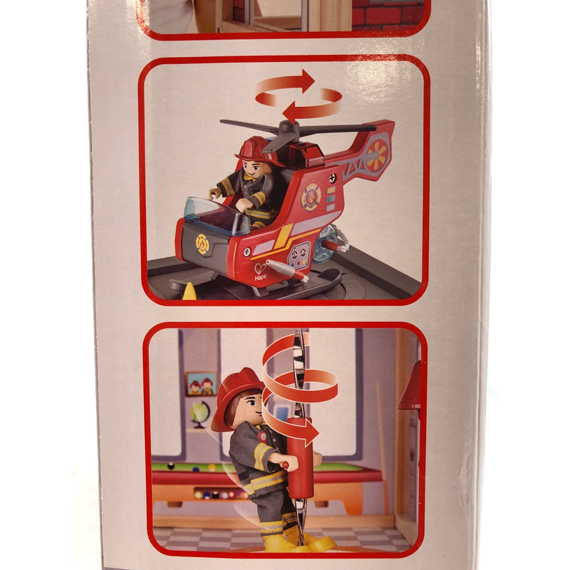 Hape City Red Fire Station Dollhouse Wood Playset, 13 Pieces, Light & Sound