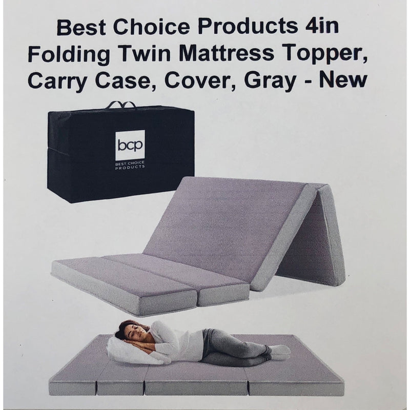 Best Choice Products 4in Folding Twin Mattress Topper, Carry Case, Cover, Gray