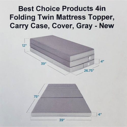 Best Choice Products 4in Folding Twin Mattress Topper, Carry Case, Cover, Gray