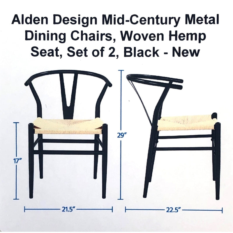 Alden Design Mid-Century Metal Dining Chairs, Woven Hemp Seat, Set of 2, Black