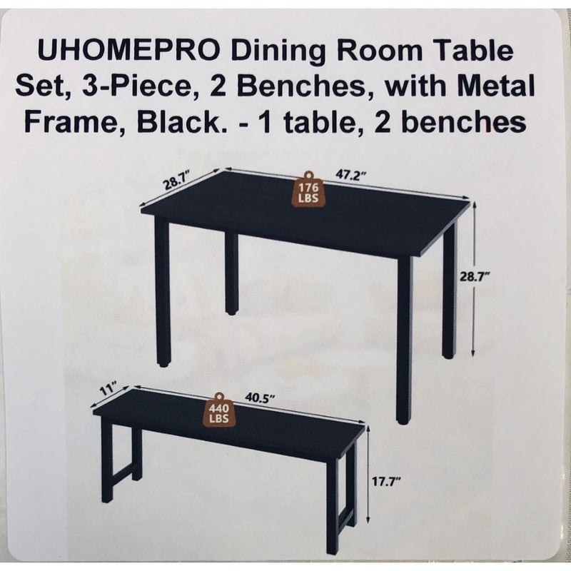 UHOMEPRO Dining Room Table Set, 3-Piece, 2 Benches, with Metal Frame, Black