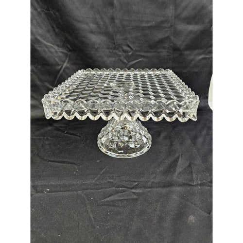 Vintage American Fostoria Square Cubist Glass Pedestal Cake Stand w/Rum Well